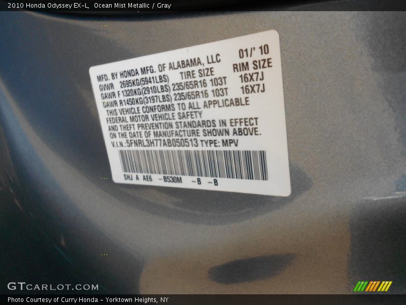 Ocean Mist Metallic / Gray 2010 Honda Odyssey EX-L