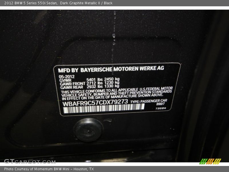 Dark Graphite Metallic II / Black 2012 BMW 5 Series 550i Sedan