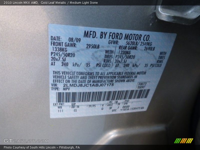 Gold Leaf Metallic / Medium Light Stone 2010 Lincoln MKX AWD