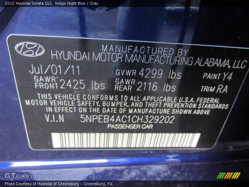 Indigo Night Blue / Gray 2012 Hyundai Sonata GLS