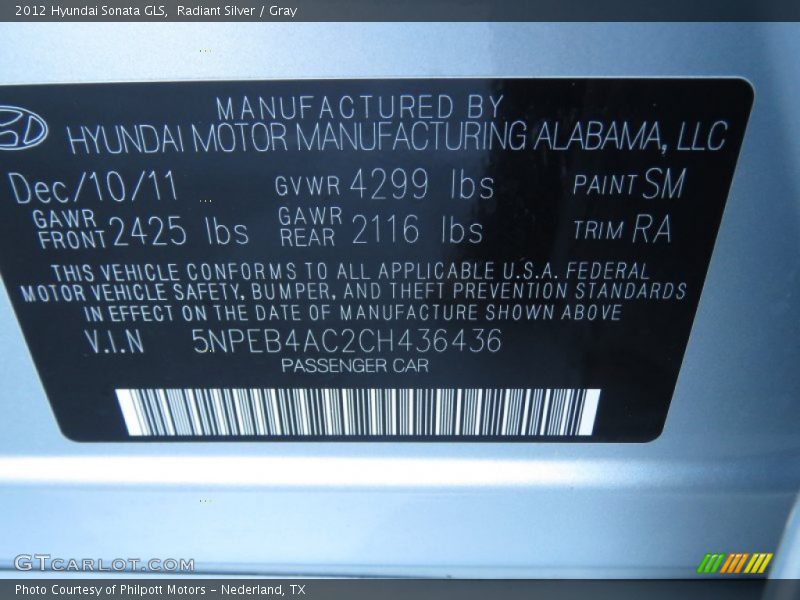 Radiant Silver / Gray 2012 Hyundai Sonata GLS
