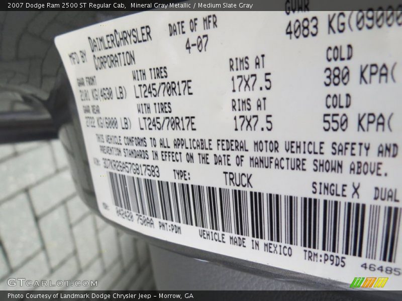 2007 Ram 2500 ST Regular Cab Mineral Gray Metallic Color Code PDM