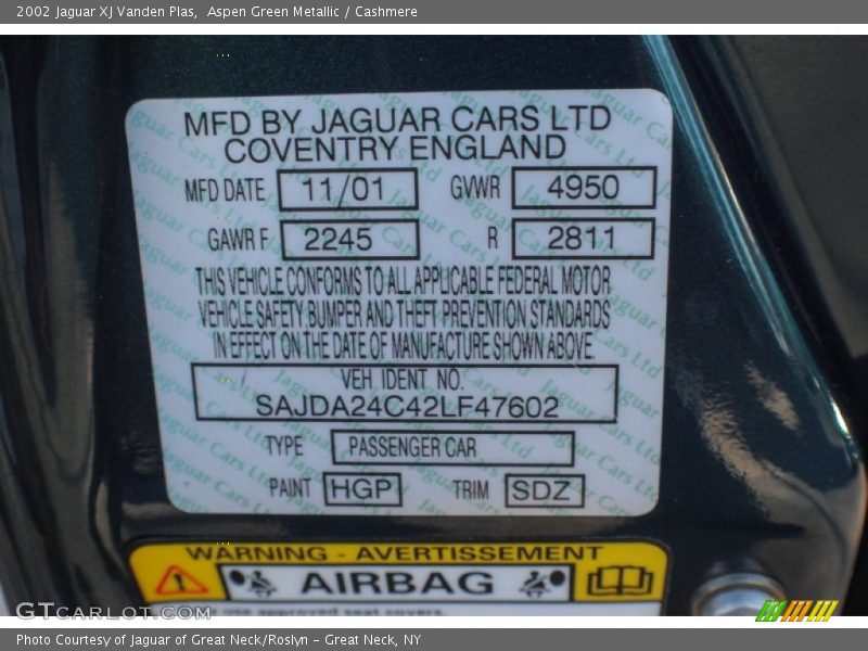 2002 XJ Vanden Plas Aspen Green Metallic Color Code HGP