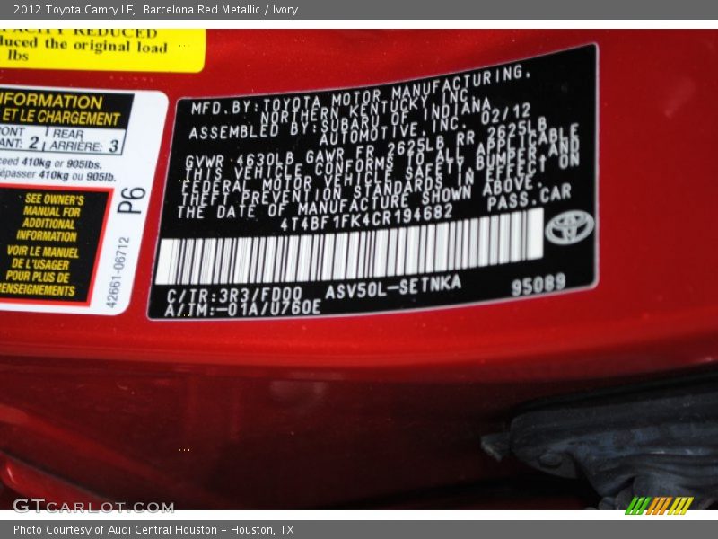 Barcelona Red Metallic / Ivory 2012 Toyota Camry LE