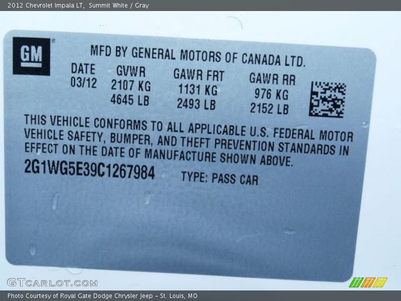 Summit White / Gray 2012 Chevrolet Impala LT