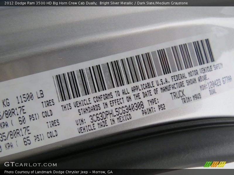 Bright Silver Metallic / Dark Slate/Medium Graystone 2012 Dodge Ram 3500 HD Big Horn Crew Cab Dually