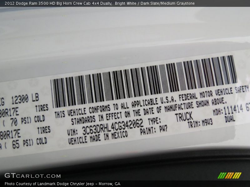 Bright White / Dark Slate/Medium Graystone 2012 Dodge Ram 3500 HD Big Horn Crew Cab 4x4 Dually