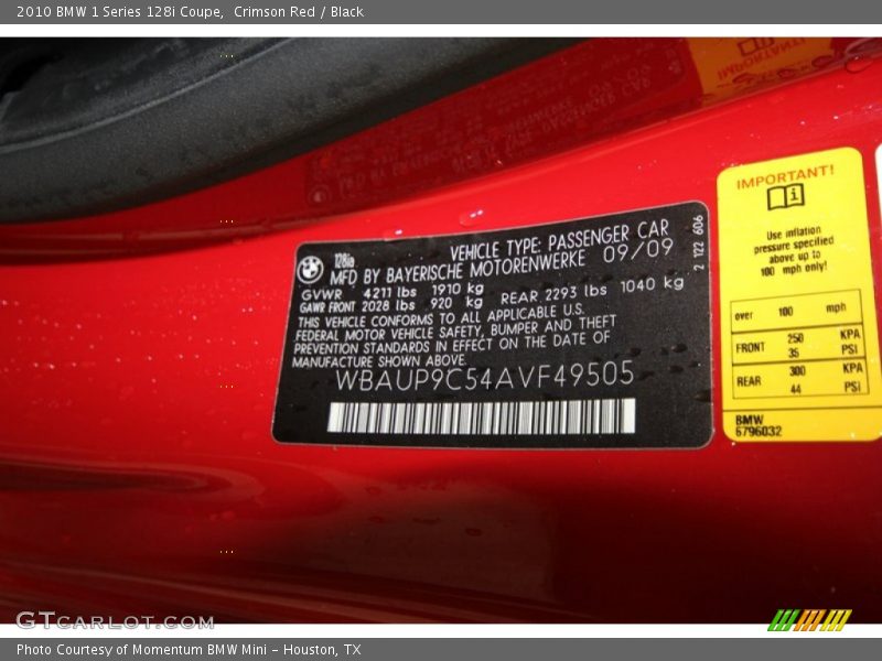 Crimson Red / Black 2010 BMW 1 Series 128i Coupe