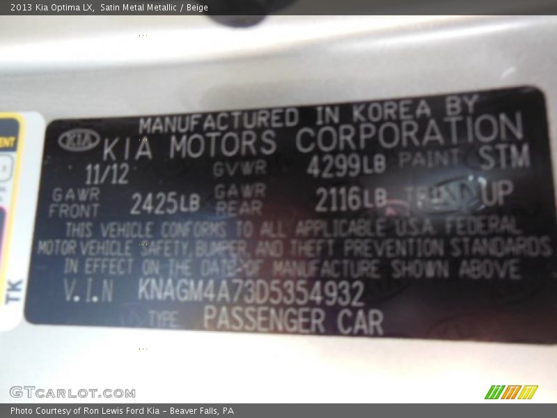 Satin Metal Metallic / Beige 2013 Kia Optima LX