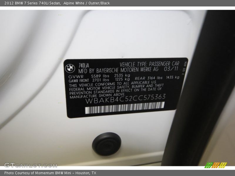 Alpine White / Oyster/Black 2012 BMW 7 Series 740Li Sedan