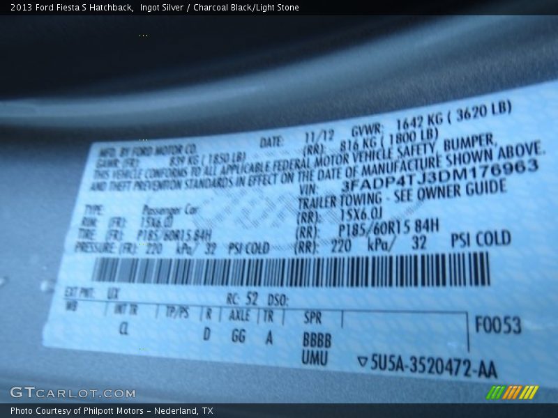 2013 Fiesta S Hatchback Ingot Silver Color Code UX