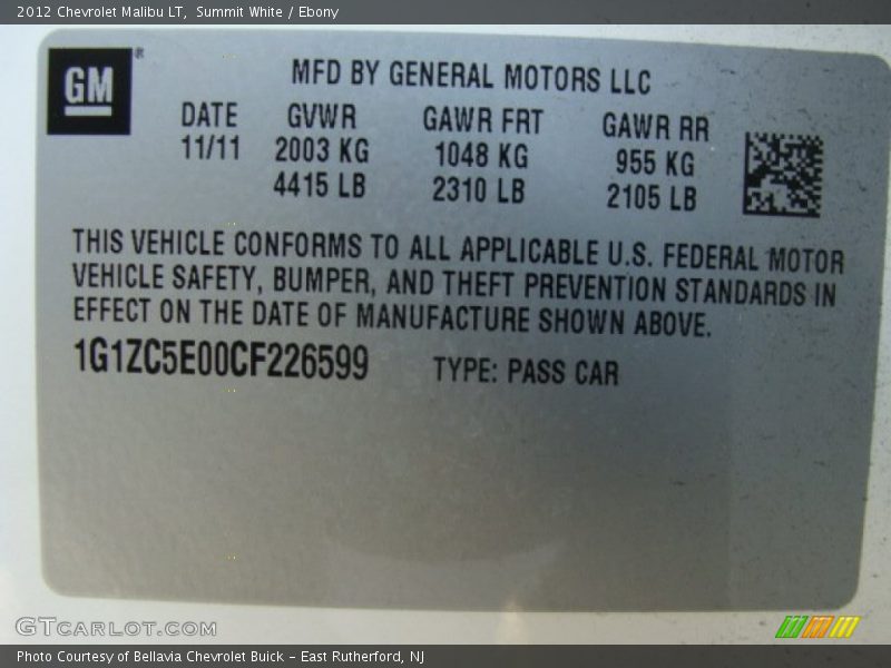 Summit White / Ebony 2012 Chevrolet Malibu LT