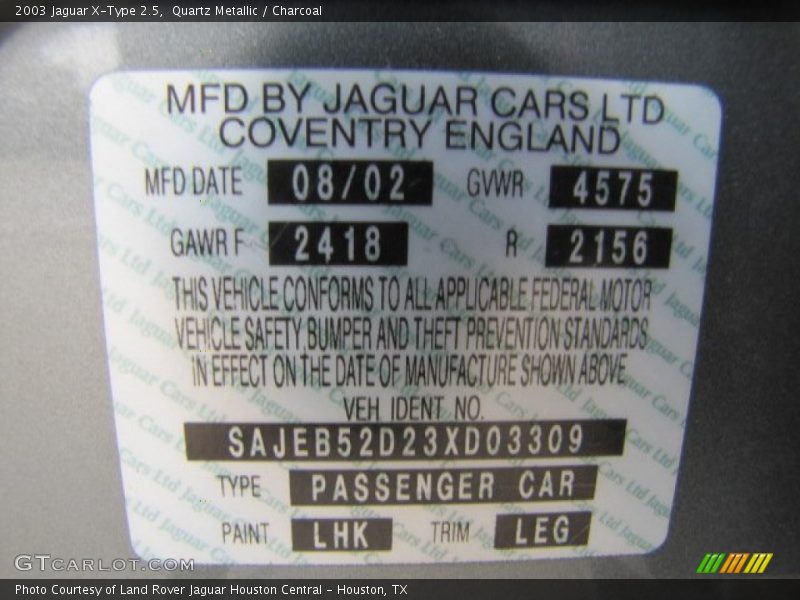 2003 X-Type 2.5 Quartz Metallic Color Code LHK