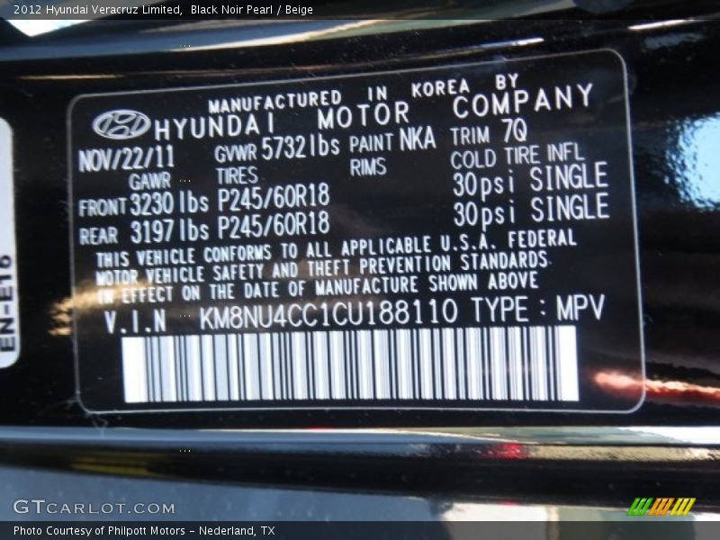 Black Noir Pearl / Beige 2012 Hyundai Veracruz Limited