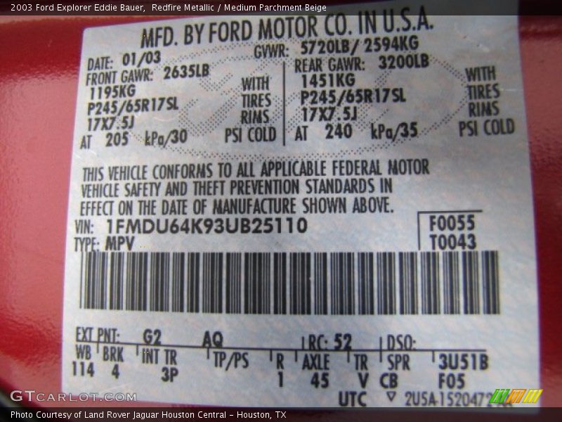 2003 Explorer Eddie Bauer Redfire Metallic Color Code G2
