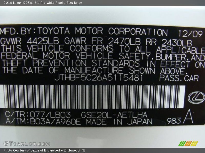 Starfire White Pearl / Ecru Beige 2010 Lexus IS 250