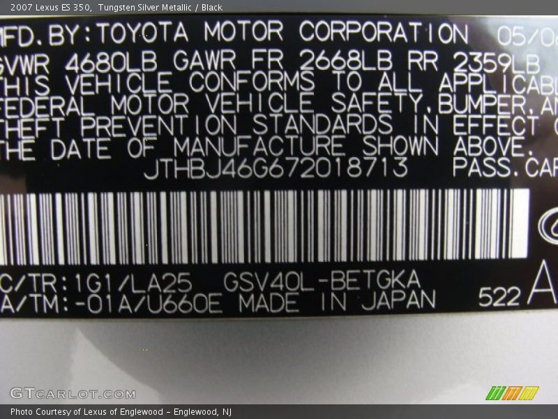 Tungsten Silver Metallic / Black 2007 Lexus ES 350