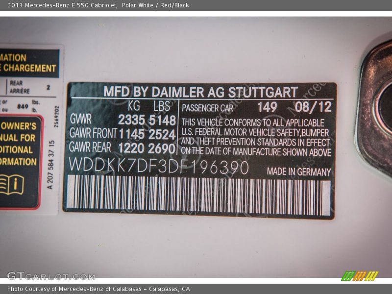 2013 E 550 Cabriolet Polar White Color Code 149