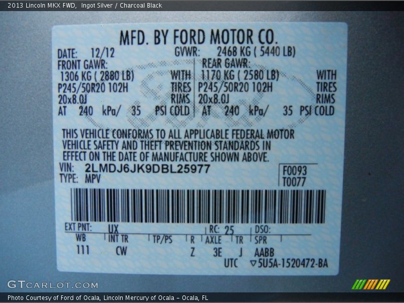 Ingot Silver / Charcoal Black 2013 Lincoln MKX FWD