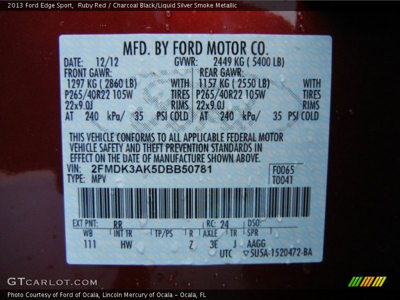Ruby Red / Charcoal Black/Liquid Silver Smoke Metallic 2013 Ford Edge Sport