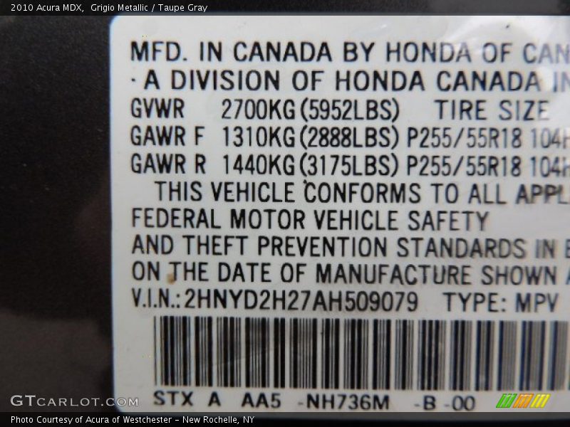 Grigio Metallic / Taupe Gray 2010 Acura MDX