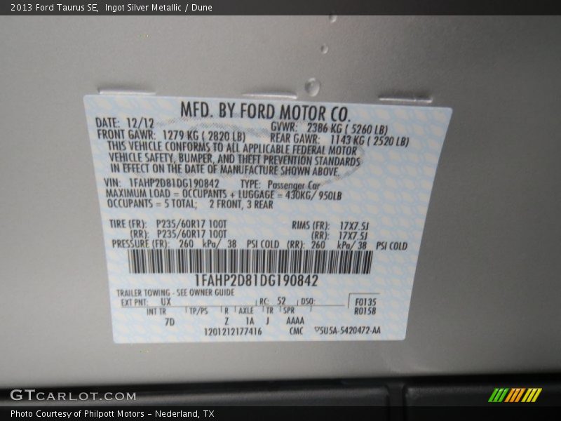 2013 Taurus SE Ingot Silver Metallic Color Code UX