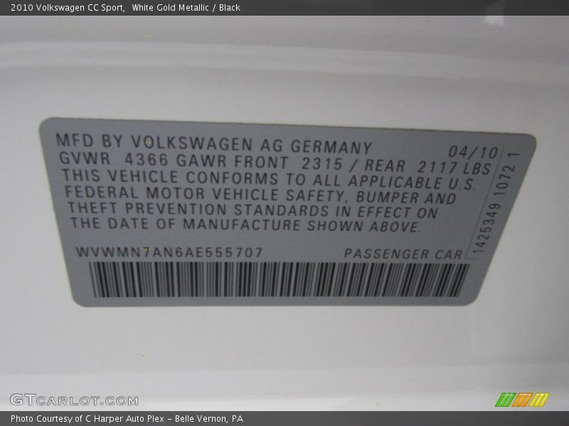 White Gold Metallic / Black 2010 Volkswagen CC Sport