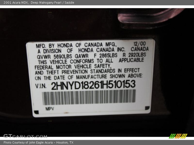 Deep Mahogany Pearl / Saddle 2001 Acura MDX