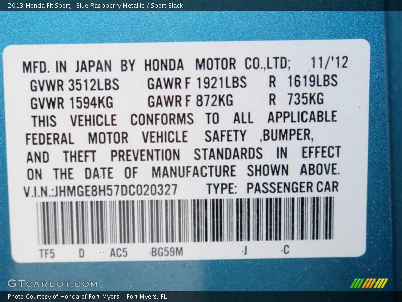 2013 Fit Sport Blue Raspberry Metallic Color Code BG59M
