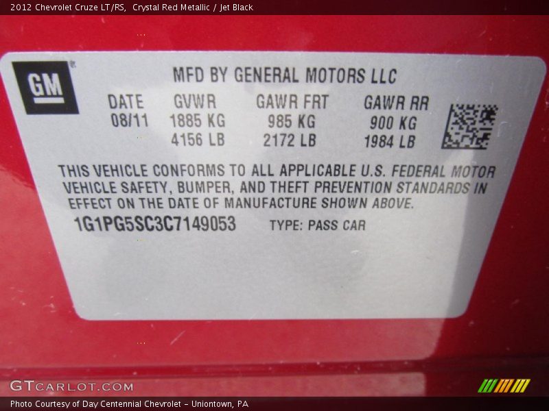 Crystal Red Metallic / Jet Black 2012 Chevrolet Cruze LT/RS