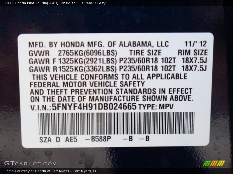 2013 Pilot Touring 4WD Obsidian Blue Pearl Color Code B588P