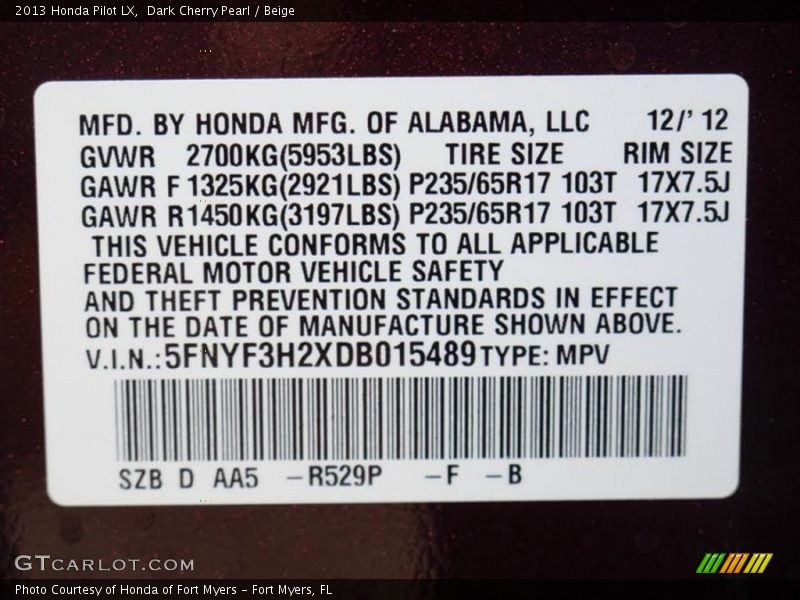 Dark Cherry Pearl / Beige 2013 Honda Pilot LX