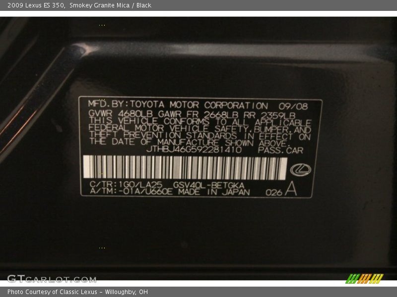 Smokey Granite Mica / Black 2009 Lexus ES 350