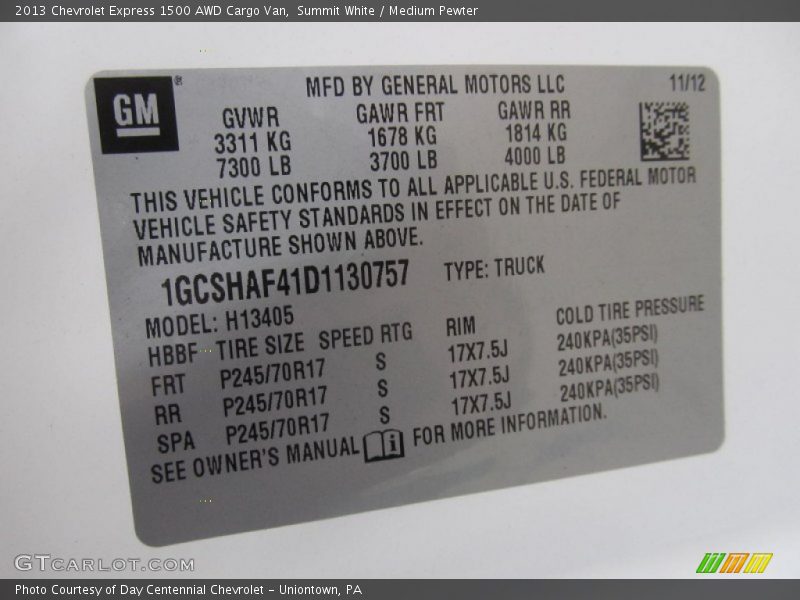 Summit White / Medium Pewter 2013 Chevrolet Express 1500 AWD Cargo Van