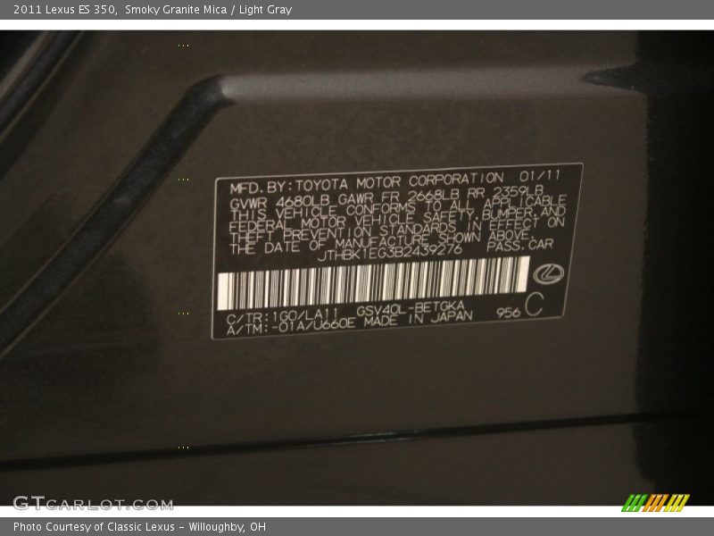 Smoky Granite Mica / Light Gray 2011 Lexus ES 350