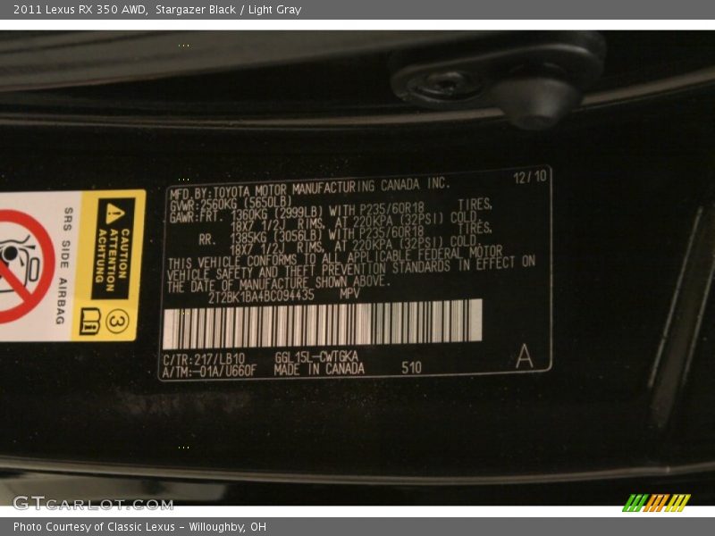 Stargazer Black / Light Gray 2011 Lexus RX 350 AWD