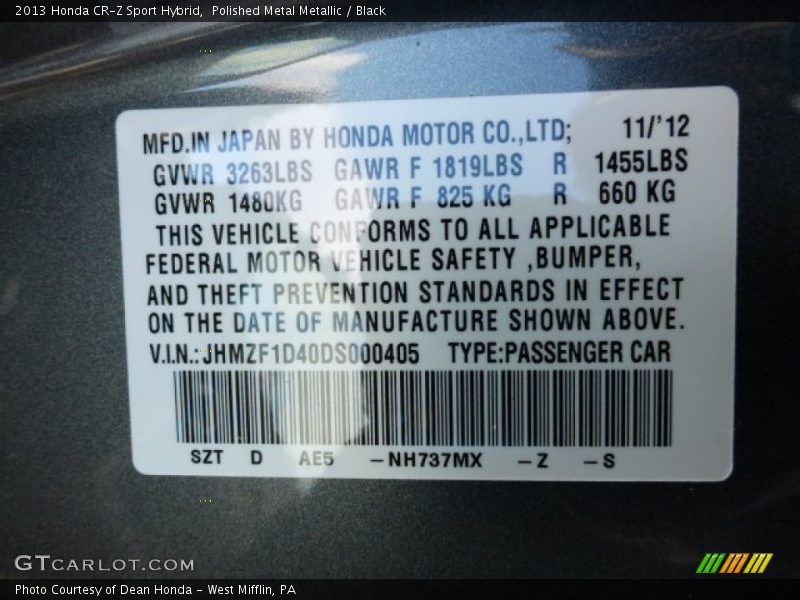 2013 CR-Z Sport Hybrid Polished Metal Metallic Color Code NH737MX