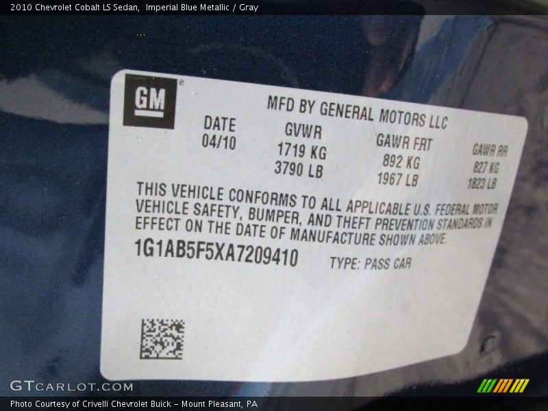 Imperial Blue Metallic / Gray 2010 Chevrolet Cobalt LS Sedan