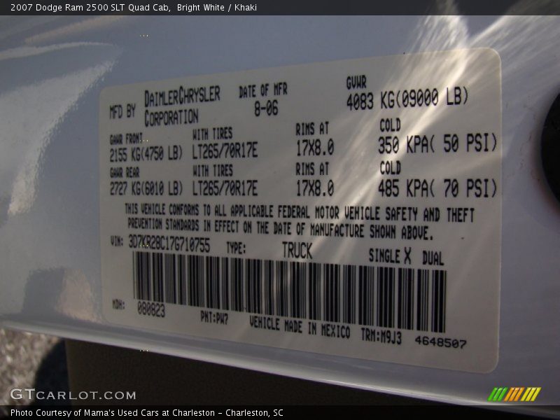 2007 Ram 2500 SLT Quad Cab Bright White Color Code PW7