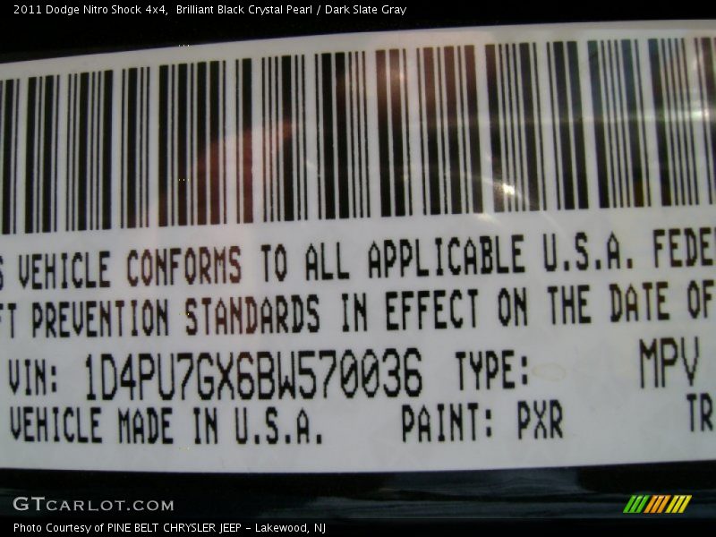 2011 Nitro Shock 4x4 Brilliant Black Crystal Pearl Color Code PXR