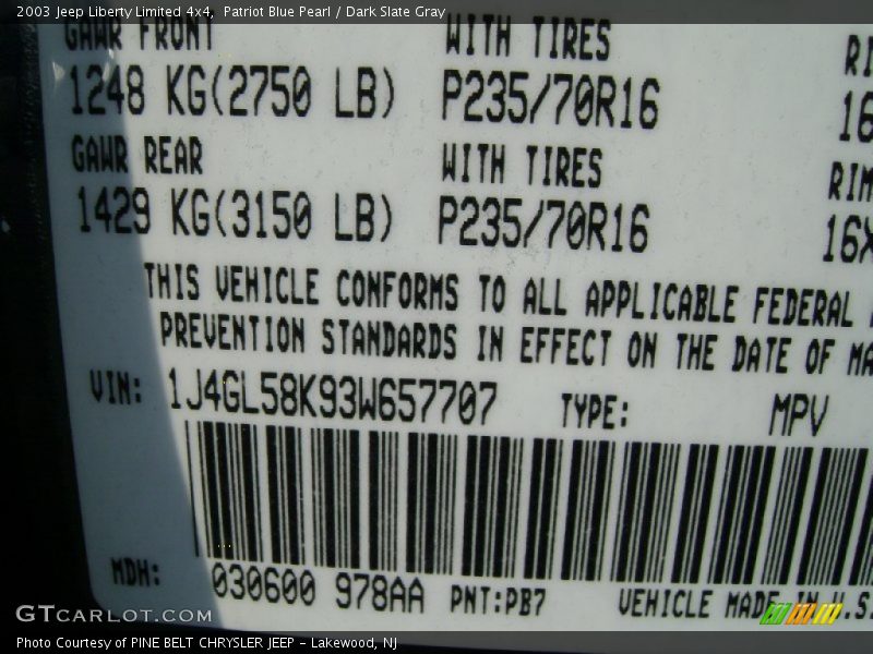 Patriot Blue Pearl / Dark Slate Gray 2003 Jeep Liberty Limited 4x4