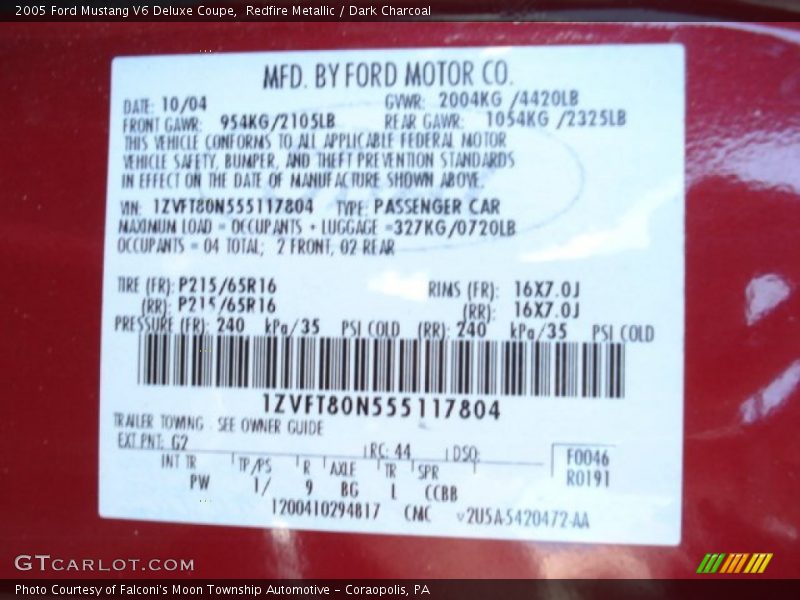 2005 Mustang V6 Deluxe Coupe Redfire Metallic Color Code G2