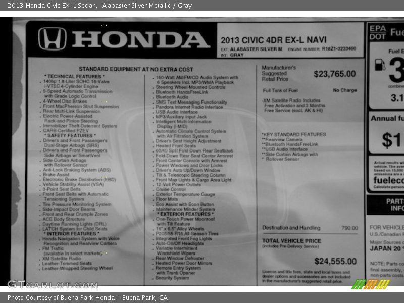  2013 Civic EX-L Sedan Window Sticker