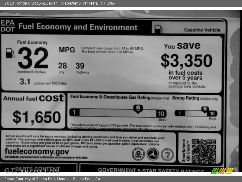 Alabaster Silver Metallic / Gray 2013 Honda Civic EX-L Sedan
