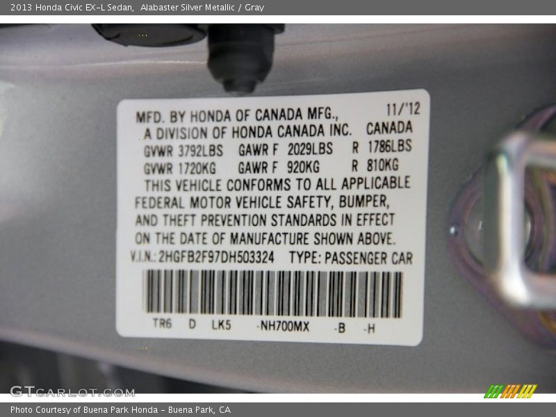 2013 Civic EX-L Sedan Alabaster Silver Metallic Color Code NH700MX