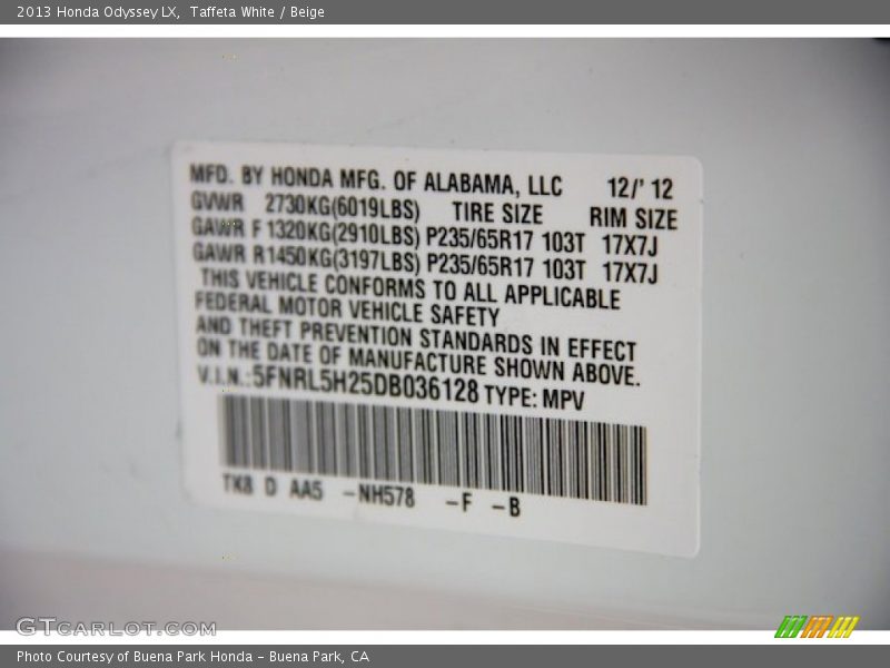 2013 Odyssey LX Taffeta White Color Code NH578