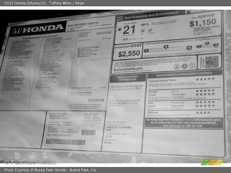 Taffeta White / Beige 2013 Honda Odyssey LX