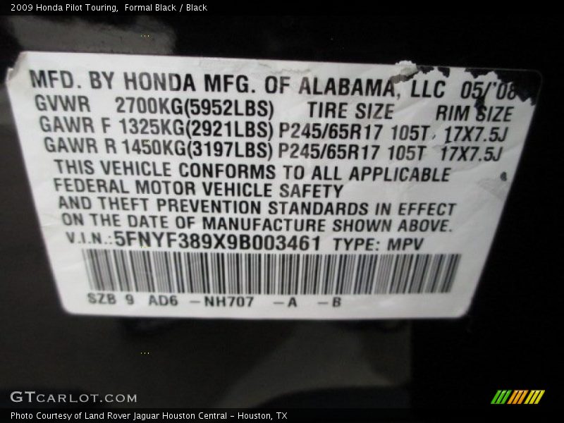 Formal Black / Black 2009 Honda Pilot Touring