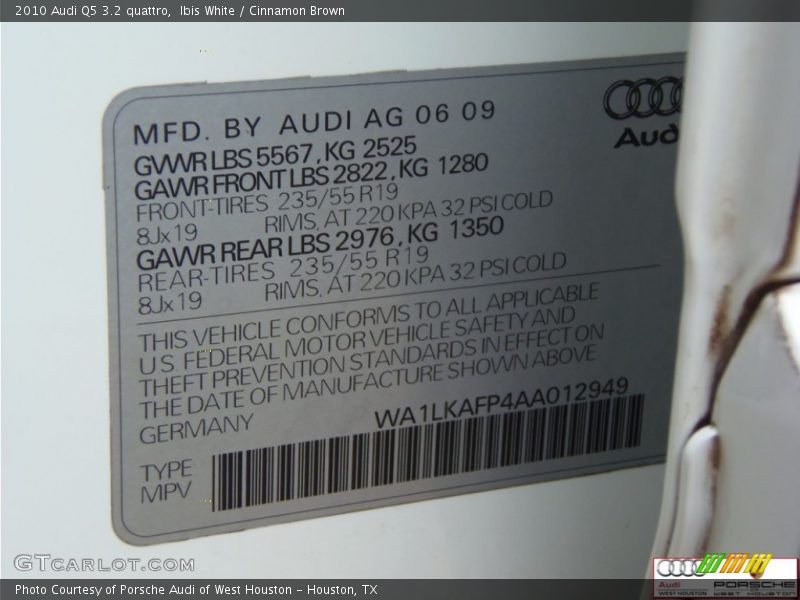Ibis White / Cinnamon Brown 2010 Audi Q5 3.2 quattro
