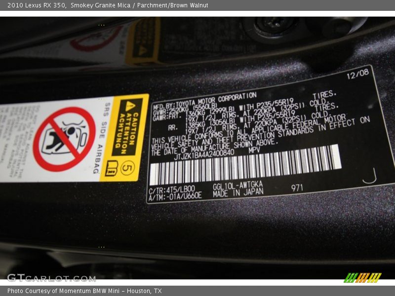 Smokey Granite Mica / Parchment/Brown Walnut 2010 Lexus RX 350